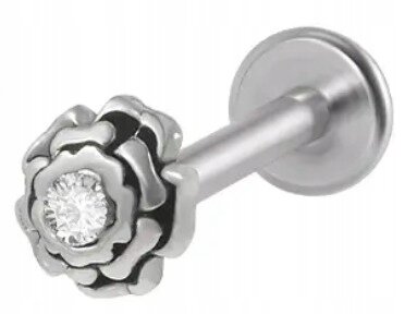 PIERCING Srebrny Kolczyk Labret z Różą Kwiatek Cyrkonia Stal Ch 316L 1,2/8