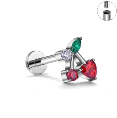  Tytanowy Kolczyk Labret PIERCING Cyrkonie Wiśnie Cherry HELIX Lobe