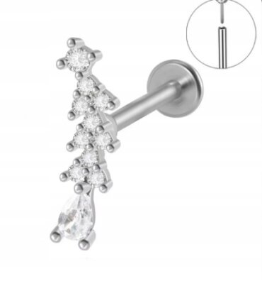 Srebrny Kolczyk PIERCING Labret z Cyrkoniami Stal Ch 316L 1,2/8