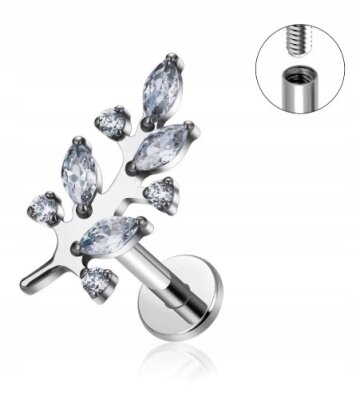 Tytanowy Kolczyk Labret PIERCING z Cyrkonią Liść Listek HELIX Lobe
