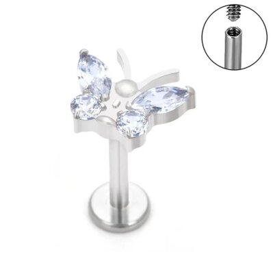 Tytanowy Kolczyk Labret PIERCING Motyl Cyrkonie HELIX Lobe