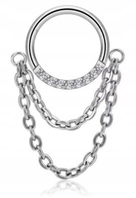 Tytanowy Kolczyk Clicker PIERCING z Łańcuszkiem Cyrkonie HELIX Lobe 1,2/8-10