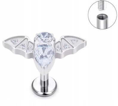 Tytanowy Kolczyk Labret PIERCING z Cyrkoniami Nietoperz HELIX Lobe