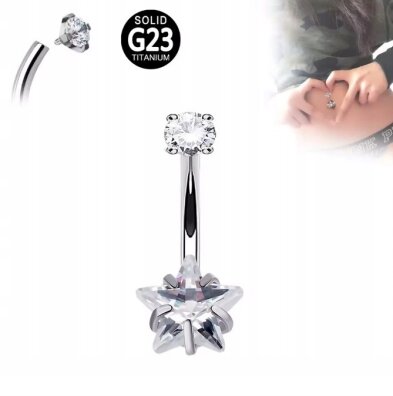 Tytanowy SREBRNY Kolczyk do Pępka z Gwiazdką Cyrkonie PIERCING 1,6/10/8+5