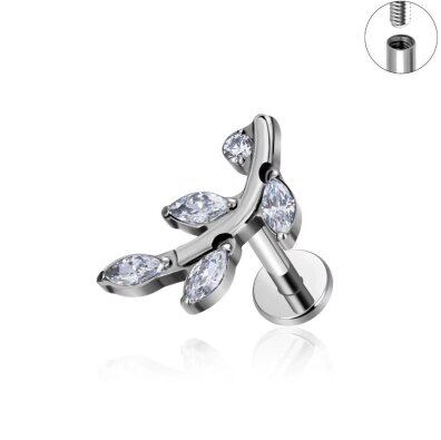  Tytanowy Kolczyk Labret PIERCING Cyrkonie Gałązka Liście HELIX Lobe