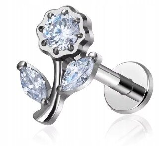 Tytanowy Kolczyk Labret PIERCING Cyrkonie KWIAT KWIATEK HELIX Lobe