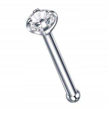 Tytanowy SREBRNY Kolczyk do Nosa z Cyrkonią NOSTRIL PIERCING 0,8/7/2