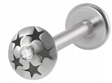 PIERCING Kolczyk Labret Okrągły z Gwiazdkami, Cyrkonia Stal Ch 316L 1,2/8