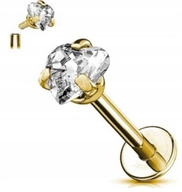 Labret Kolczyk do Ucha z Sercem Kryształek SS316L 1,2/6-10/3-4 mm