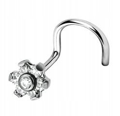 Tytanowy SREBRNY Kolczyk do Nosa Kwiatek Cyrkonie NOSTRIL PIERCING