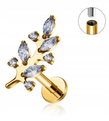 Tytanowy Kolczyk Labret PIERCING z Cyrkonią Liść Listek HELIX Lobe