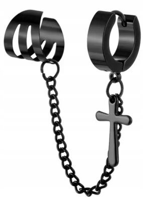 HUGGIE Kolczyk Do Ucha Krzyżyk z Łańcuszkiem Nausznica Punk Gothic STAL