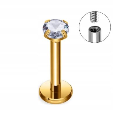 Tytanowy Kolczyk Labret PIERCING ZŁOTY z cyrkonią HELIX Lobe 1,2/6-10/2-4 mm