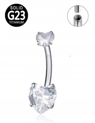 Tytanowy Kolczyk do Pępka z Serduszkiem Cyrkonie PIERCING 1,6/10/8+5