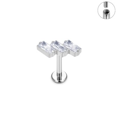  Tytanowy Kolczyk Labret PIERCING 3 cyrkonie prostokątne HELIX Lobe