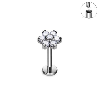 Tytanowy Kolczyk Labret PIERCING Kwiatek Cyrkonie HELIX Lobe