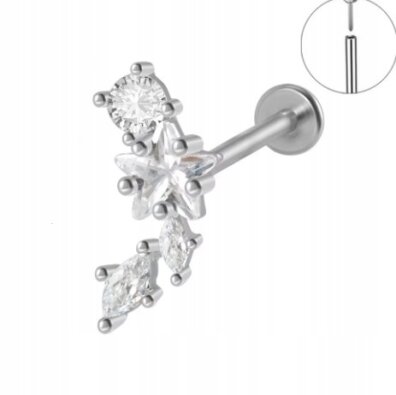 Srebrny Kolczyk PIERCING Labret z Gwiazdką Cyrkonie Stal Ch 316L 1,2/8