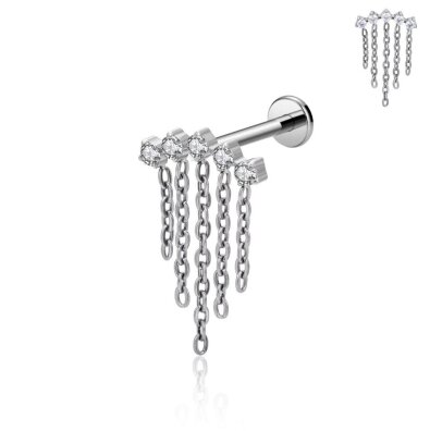 Tytanowy Kolczyk Labret PIERCING z Cyrkoniami i Łańcuszkami HELIX Lobe