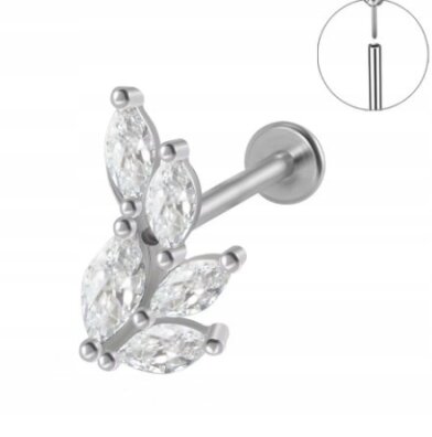 Kolczyk PIERCING Labret z Cyrkoniami Kształt Liścia Stal 