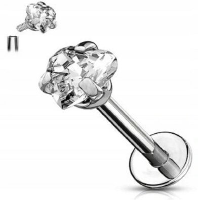 Labret Kolczyk do Ucha z Sercem Kryształek SS316L 1,2/6-10/3-4 mm