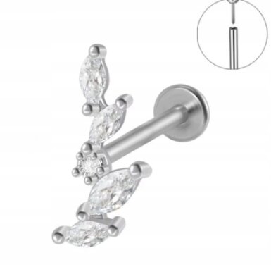 Srebrny Kolczyk PIERCING Labret z Cyrkoniami Listek Liść Stal Ch 316L 1,2/8