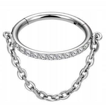 Tytanowy Kolczyk Clicker PIERCING z Łańcuszkiem Cyrkonie HELIX Lobe 1,2/8-10