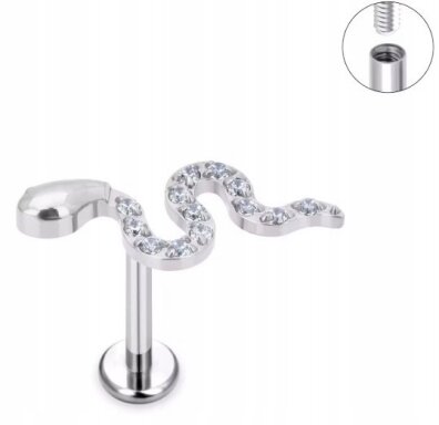 Tytanowy Kolczyk Labret PIERCING z Cyrkoniami Wąż Zmija HELIX Lobe