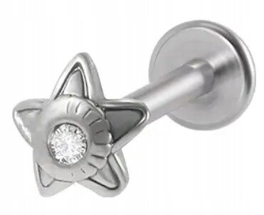 Srebrny Kolczyk PIERCING Labret z Gwiazdką Kryształek Stal Ch 316L 1,2/8