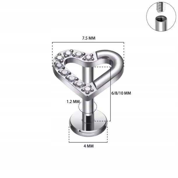 Tytanowy Kolczyk Labret PIERCING Cyrkonie Serce Serduszko HELIX Lobe (4)