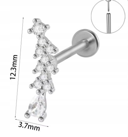 Srebrny Kolczyk PIERCING Labret z Cyrkoniami Stal Ch 316L 1,2/8 (2)