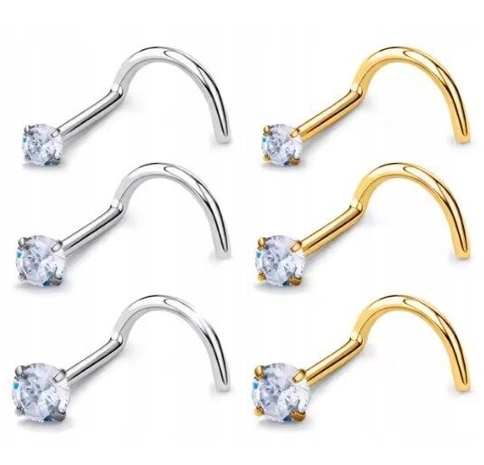 Tytanowy ZŁOTY Kolczyk do Nosa z Cyrkonią NOSTRIL PIERCING 0,8/7/2-3 mm (5)