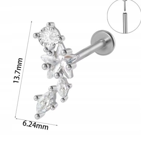 Srebrny Kolczyk PIERCING Labret z Gwiazdką Cyrkonie Stal Ch 316L 1,2/8 (2)