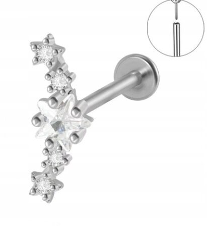 Srebrny Kolczyk PIERCING Labret z Gwiazdką Cyrkonie Stal Ch 316L 1,2/8 (1)
