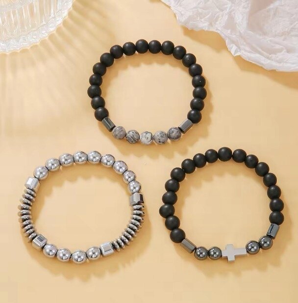 3 PACK Wielowarstwowe Bransoletki Męskie Hematytowe Koraliki Krzyż Krzyżyk (5)