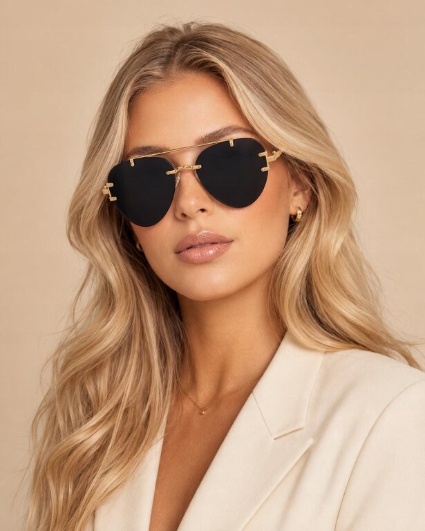 Okulary Przeciwsłoneczne Złote Czarne Bez Ramkowe Pilotki UV400 Unisex (3)