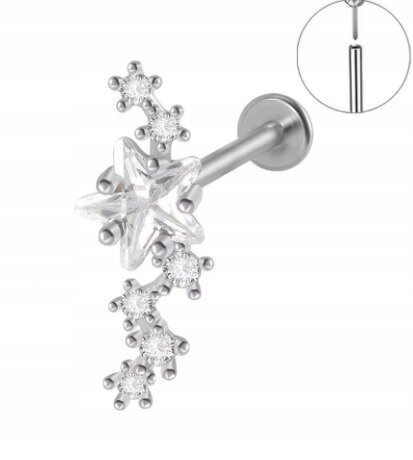 Srebrny Kolczyk PIERCING Labret z Gwiazdką i Cyrkoniami Stal Ch 316L 1,2/8 (1)
