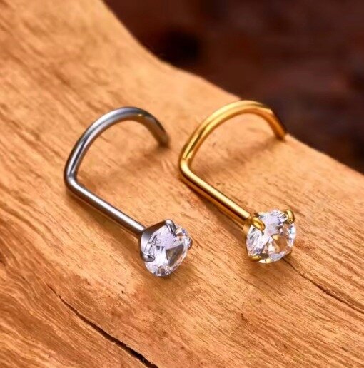 Tytanowy ZŁOTY Kolczyk do Nosa z Cyrkonią NOSTRIL PIERCING 0,8/7/2-3 mm (4)