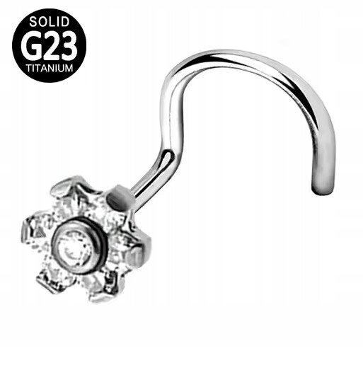 Tytanowy SREBRNY Kolczyk do Nosa Kwiatek Cyrkonie NOSTRIL PIERCING (2)