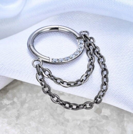 Tytanowy Kolczyk Clicker PIERCING z Łańcuszkiem Cyrkonie HELIX Lobe 1,2/8-10 (7)