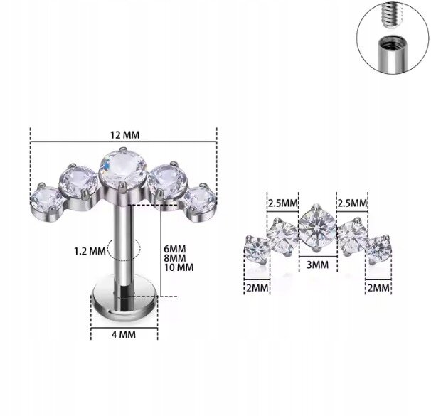 Tytanowy Kolczyk Labret PIERCING z Cyrkoniami HELIX Lobe (4)