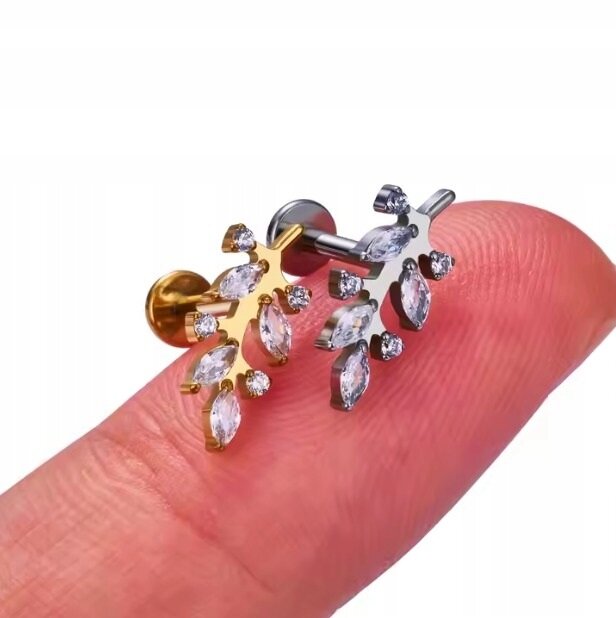 Tytanowy Kolczyk Labret PIERCING z Cyrkonią Liść Listek HELIX Lobe (3)