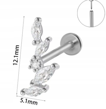 Srebrny Kolczyk PIERCING Labret z Cyrkoniami Listek Liść Stal Ch 316L 1,2/8 (2)