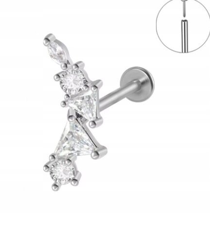 Srebrny Kolczyk PIERCING Labret z Trójkątnymi Cyrkoniami Stal Ch 316L 1,2/8 (1)