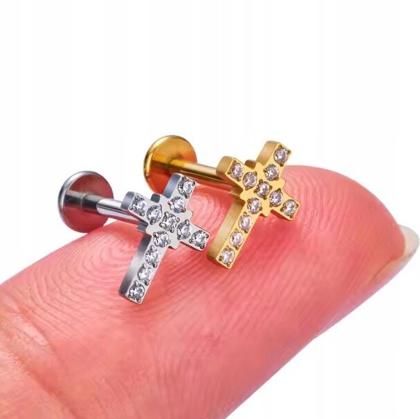 Tytanowy Kolczyk Labret PIERCING Cyrkonie KRZYŻ KRZYŻYK HELIX Lobe (7)