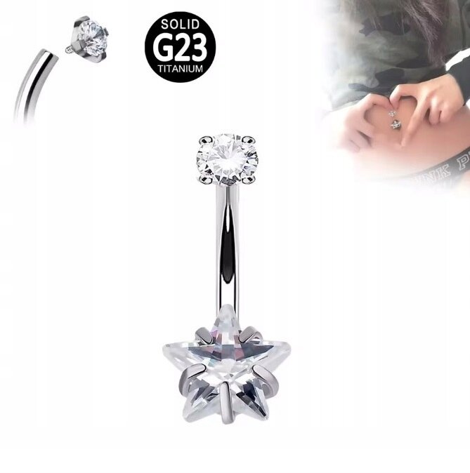 Tytanowy SREBRNY Kolczyk do Pępka z Gwiazdką Cyrkonie PIERCING 1,6/10/8+5 (1)