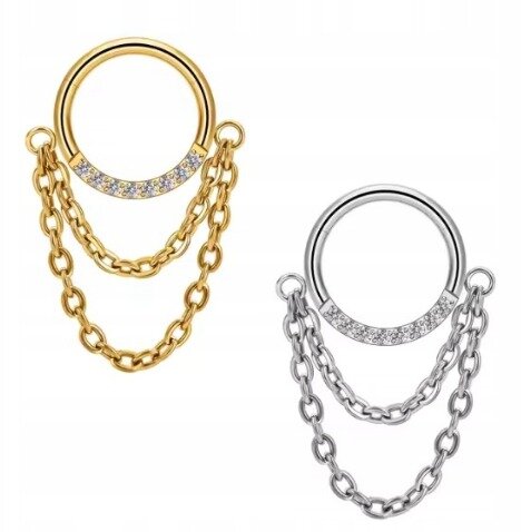 Tytanowy Kolczyk Clicker PIERCING z Łańcuszkiem Cyrkonie HELIX Lobe 1,2/8-10 (3)
