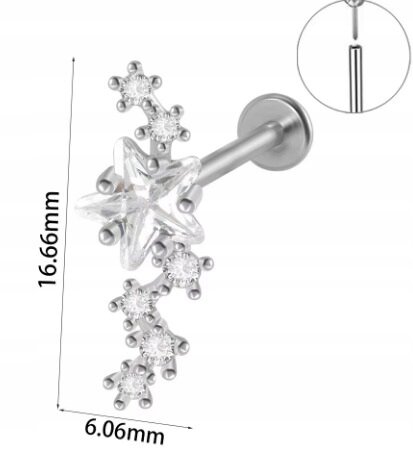 Srebrny Kolczyk PIERCING Labret z Gwiazdką i Cyrkoniami Stal Ch 316L 1,2/8 (2)