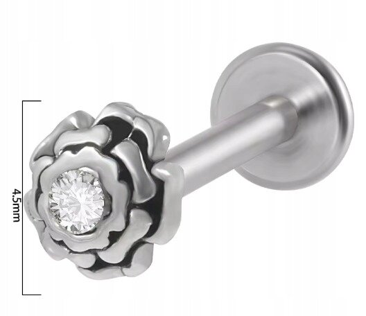 PIERCING Srebrny Kolczyk Labret z Różą Kwiatek Cyrkonia Stal Ch 316L 1,2/8 (2)