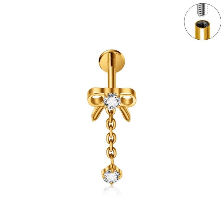 Tytanowy Kolczyk Labret PIERCING Kokardka Cyrkonie Łańcuszek HELIX Lobe (1)