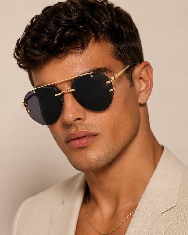 Okulary Przeciwsłoneczne Złote Czarne Bez Ramkowe Pilotki UV400 Unisex (2)